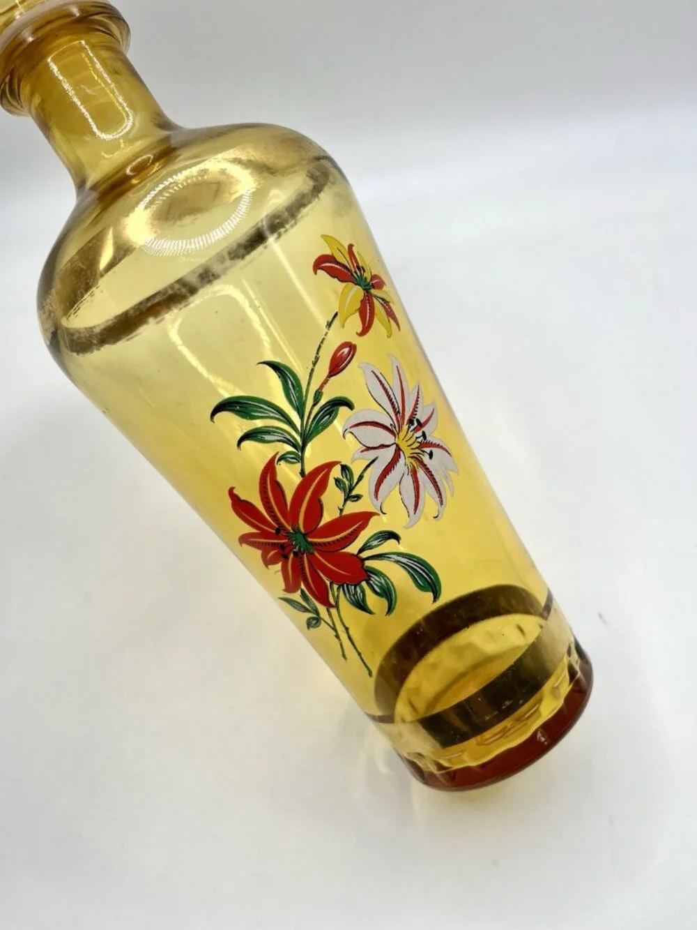 Vintage Mid Century Amber Glass Decanter Floral Bottle Barware MCM Retro Boho